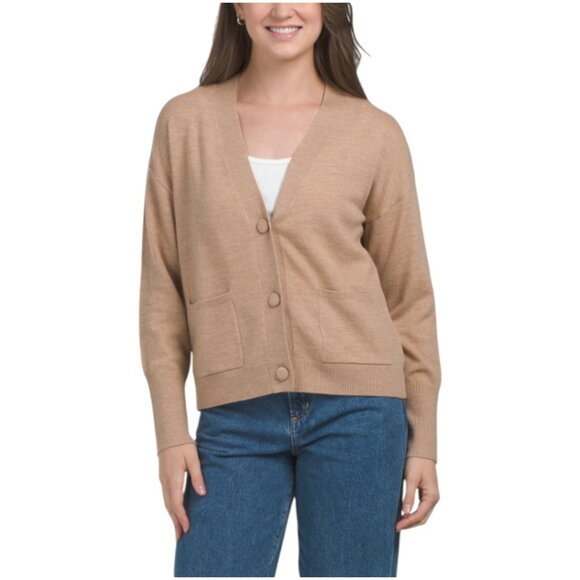 TAHARI Extrafine Merino Wool V-neck Ribbed Cardigan - Picture 1 of 3